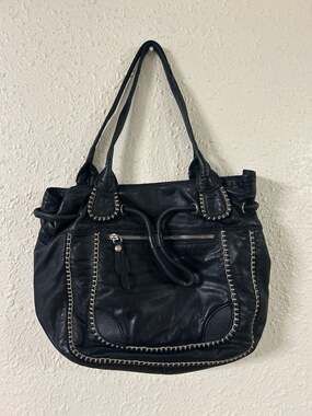 Nicoli Made in Italy Black Leather Whipstitch Shoulder Bag